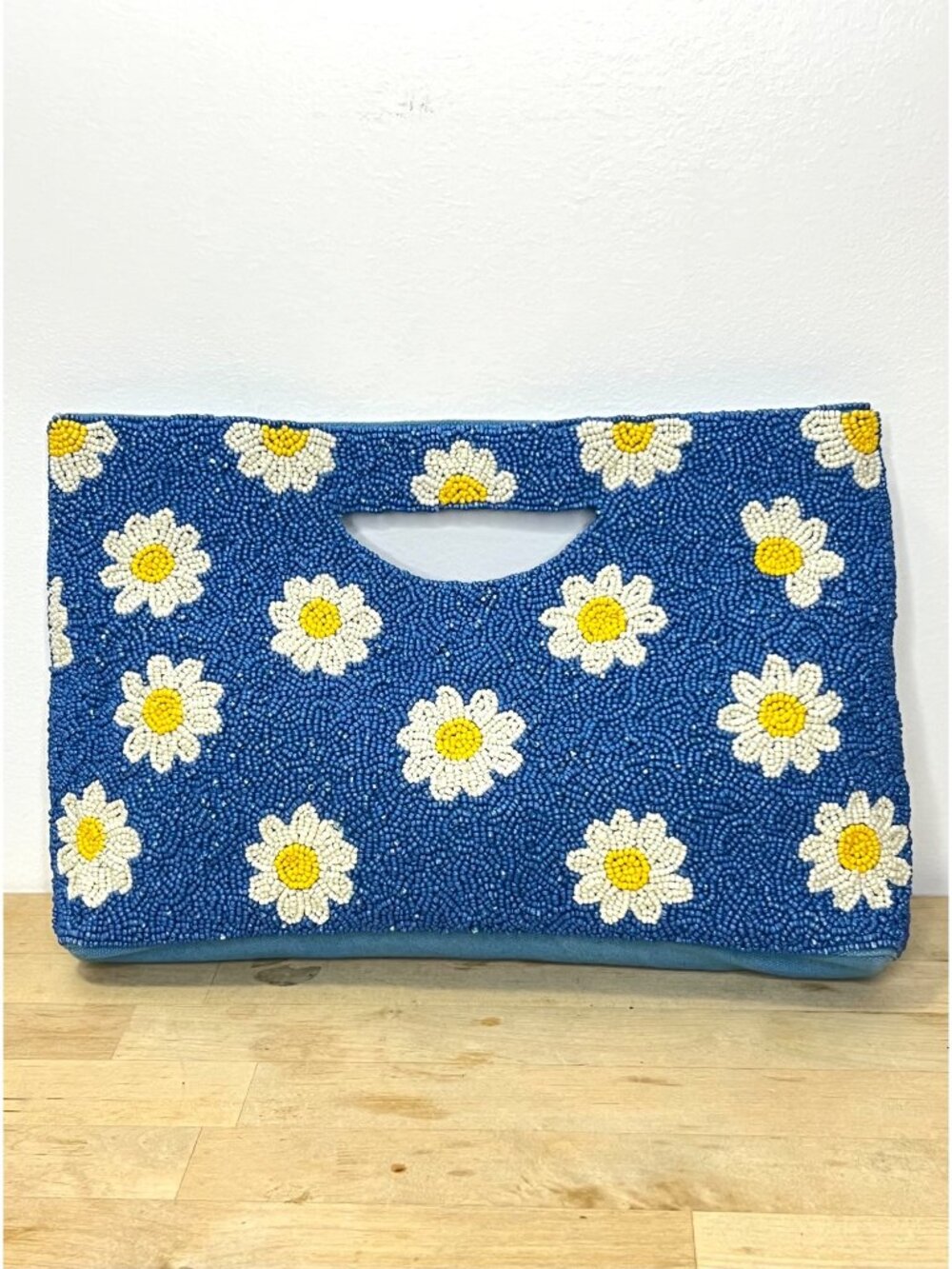 Daisy Hand-Beaded Blue Clutch Bag With Cutout Handles And Magnetic Closure